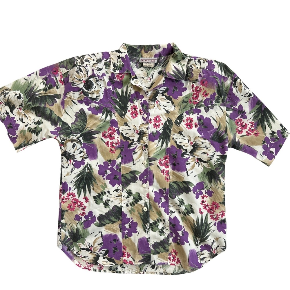 Vintage CABRAIS 80's Floral Print Button Down Shirt Women‎ Short Sleeve 12